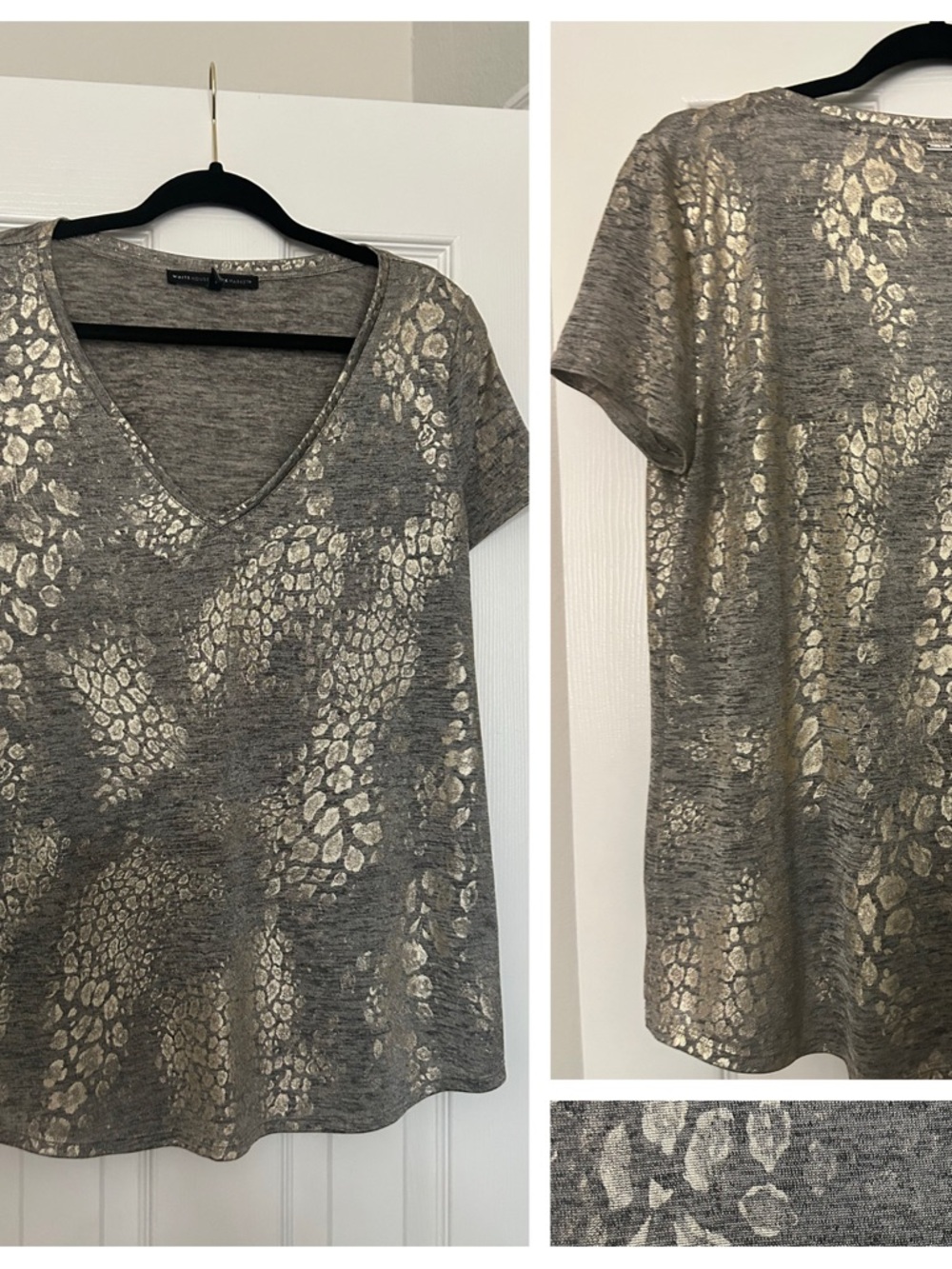 White House Black Market Gray Short Sleeve V-Neck w/ Metallic Gold Animal Print